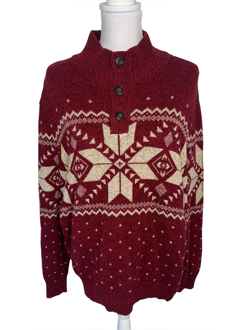 American Eagle Fair Isle Henley Sweater Red Nordic Button Neck Pullover Large‎